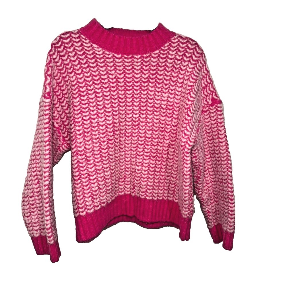 Pink Casual Womens Knit Mix Mock Neck Drop Shoulder Sweater with Hearts Size L